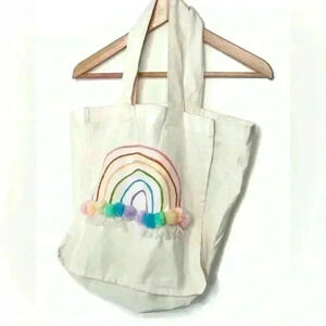 Handmade Rainbow Illustration Canvas Shoulder Bag Oversized  Tote Boho Travel